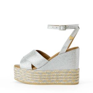 Nataly Mendez Masha Silver Metallic Leather Platform Wedge Sandals Resort